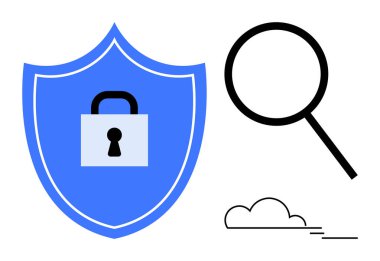 Blue shield with lock symbolizing security, black magnifier for search, cloud for connectivity. Ideal for cybersecurity, data privacy, cloud computing, networking, protection, technology simple flat