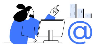 Professional presenting data insights on a desktop monitor, pointing towards analytics charts, email icon nearby. Ideal for business, technology, communication, analytics, collaboration, education