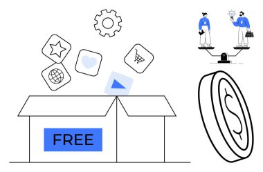 Open box with floating icons for web, shopping, and media, a gear symbolizing settings balancing decision scales with people and a coin representing finance. Ideal for digital access, marketing