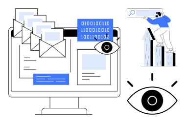 Large monitor displaying emails, binary code, eye symbol, and a man on bars searching. Ideal for data privacy, cybersecurity, online surveillance, digital monitoring, information security data