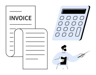 Invoice document, calculator, and advisor holding a notebook while making a presentation. Ideal for finance, accounting, billing, budgeting, consulting education and strategy. Simple flat metaphor