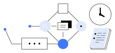 Abstract shapes connected in a workflow with documents and clock highlighting task flow, time management, organization. Ideal for productivity, workflow, time planning, automation, teamwork