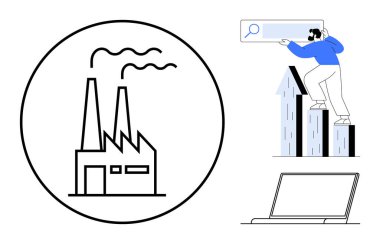 Factory with smokestacks, worker analyzing trends atop data charts, laptop for tech solutions. Ideal for industry, innovation, technology, data, growth business strategy. Modern flat metaphor