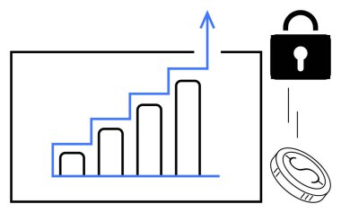 Bar chart with upward arrow symbolizing growth, padlock for security, and coin for finance. Ideal for investment, security, data protection, financial growth, analysis strategy savings. Simple flat