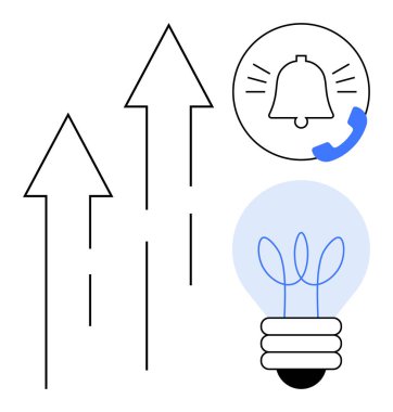 Upward arrows symbolize growth. Lightbulb represents innovation. Notification icon suggests alerts or communication. Ideal for success, creativity, teamwork, business strategy, development