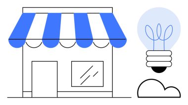 Storefront with blue awning next to a light bulb containing plant outline. Ideal for business, sustainability, innovation, small enterprise, creativity, green initiatives, simple flat metaphor