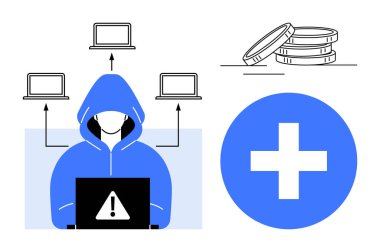 Hacker in hoodie working on laptop with warning sign, networked computers, coins, and protection icon. Ideal for cybersecurity, hacking, phishing, online threats, fraud data privacy simple flat