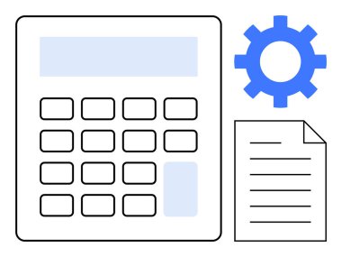 Calculator alongside gear and lined document indicating financial management, settings, or technical optimization. Ideal for business, accounting, payroll, strategy, organization, planning simple