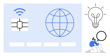 Microchip, wireless signal, globe, and light bulb with person examining through magnifying glass. Ideal for technology, connectivity, innovation, research, development global networks online