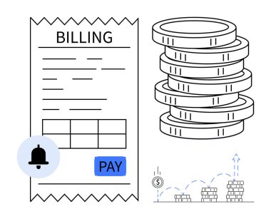 Billing receipt with payment button, notification icon, stacked coins, and chart. Ideal for finance, accounting, budgeting, transactions, savings growth payment processing simple flat metaphor