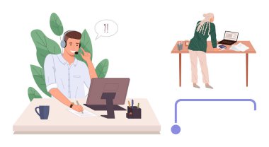 Man with headset at desk assisting on computer, woman standing at desk reviewing documents. Ideal for teamwork, remote work, communication, customer support, office dynamics, productivity, simple