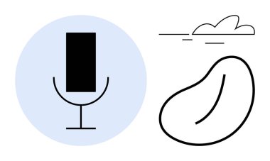 Microphone and abstract cloud and bean-thumbs up shapes symbolizing sound, creativity, communication, podcasting, audio design, voice technology, and digital interaction. A simple flat metaphor