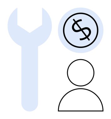 Large wrench icon next to dollar sign in a circle and minimal person outline. Ideal for repair, services, labor cost, customer support, technical assistance, business financing, simple flat metaphor