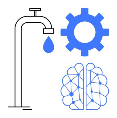 Faucet dropping water, gear symbolizing processes, and a neural network-style brain highlight technological innovation. Ideal for AI, resource efficacy, neurology, sustainability, workflow