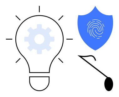 Light bulb with gear symbolizing innovation, shield with fingerprint for security, and magnifier for accessibility. Ideal for technology, creativity, protection, research, gadgets, progress simple