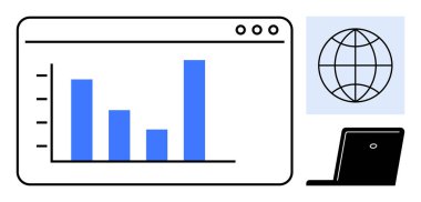 Bar chart on digital dashboard representing data analysis beside globe and laptop. Ideal for business, finance, technology, global market, online tools, productivity, simple flat metaphor