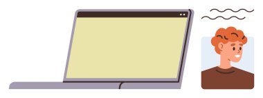 Open laptop with blank screen alongside participant avatar in video chat. Ideal for virtual meeting, remote work, communication, online learning, webinar, technology, digital collaboration