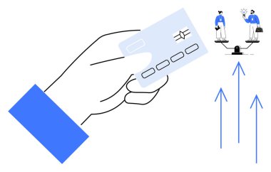 Hand presenting credit card, scale balancing two individuals with briefcase and idea bulb, upward arrows indicating progress. Ideal for finance, balance, growth, payments, equality, innovation