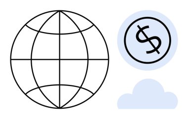 Wireframe globe, dollar sign in a circle, and cloud symbolizing global finance, technology, and connectivity. Ideal for business, globalization, fintech, communication innovation remote work