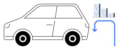 Minimalist car beside bar chart and blue arrow pointing downward. Ideal for transportation, energy efficiency, eco-friendly solutions, automotive innovation, sustainability, fuel economy