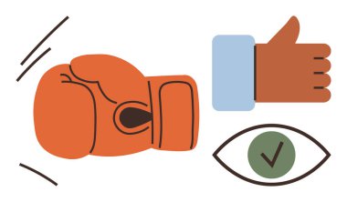 Boxing glove in motion, thumbs-up gesture, and an eye with a checkmark. Ideal for teamwork, approval, evaluation, strength, competition success determination. Minimalist flat metaphor