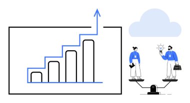 Growth chart with rising bars, professionals discussing ideas on a scale, cloud background. Ideal for teamwork, innovation, business, equality, growth strategy leadership. Clear simple flat