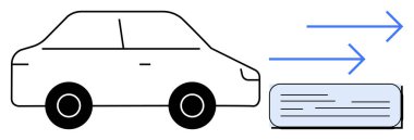 Minimalist depiction of a car with movement arrows and exhaust bar. Ideal for transport, mobility, energy efficiency, automotive technology, innovation, sustainability, eco-consciousness. Simple flat