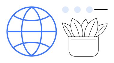 Blue globe with grid outlines connectivity, paired with potted plant for sustainability and growth. Ideal for ecology, technology, globalization, environment, nature, innovation teamwork. Simple