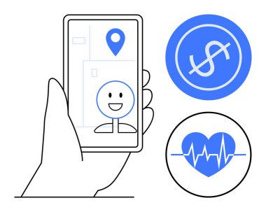 Hand holding smartphone with location pin and smiling avatar, accompanied by symbols for finance and health insight. Ideal for technology, lifestyle, apps, navigation, well-being, finance