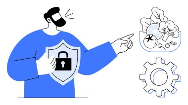 Bearded man holding shield with lock, pointing at salad bowl and gear. Ideal for health, security, food safety, technology, protection, wellness healthy lifestyle. Simple flat metaphor