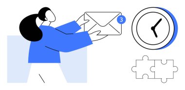 Female figure handling envelope with notification, analog clock, and puzzle pieces. Ideal for communication, organization, efficiency, teamwork, time management, problem-solving and multitasking
