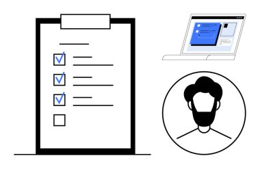 Checklist with checked tasks, unmarked option, laptop displaying online form, and male avatar in circle. Ideal for productivity, management, teamwork, data entry, user profile remote work simple