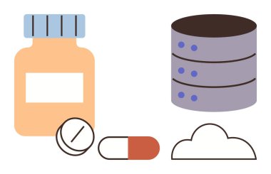 Medication bottle, tablets, pill, cloud, and database icon emphasize healthcare, digital tools, pharma, technology, data analysis cloud storage patient care systems in a simple flat metaphor