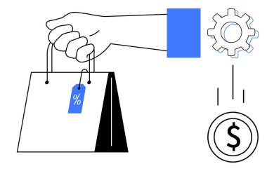 Hand carrying shopping bag with percent discount tag, gear representing system or marketing, and falling dollar icon indicating savings. Ideal for e-commerce, retail, sales, business, marketing