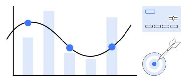 Graph with trendline and data points, target with dart, and control panel interface. Ideal for analytics, strategy, performance, insights, planning goals or productivity. Simple flat metaphor