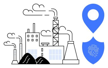 Factory buildings emitting smoke, coal piles, blue location pin, and fingerprint shield. Ideal for industry, environment, security, protection, technology energy logistics simple flat metaphor