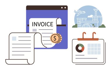 Online invoice displayed on a webpage with currency coins, detailed documents, pie-chart calendars, and airport terminal symbolism. Ideal for finance, e-commerce, booking, logistics, scheduling
