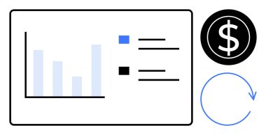 Bar chart for performance, list items, dollar sign for finance, circle arrow for refresh. Ideal for finance, analytics, data, growth performance strategy investment. Clean flat metaphor