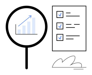 Magnifying glass over bar graph with upward arrow, checklist with ticked items, abstract shape. Ideal for productivity, planning, analysis, goal setting, organization success focus. Simple flat