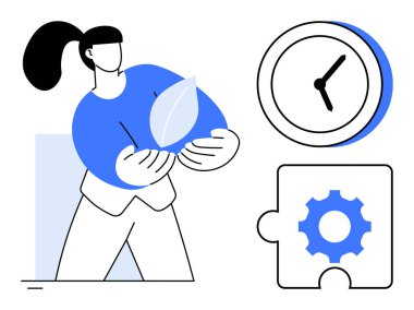 Woman holding a leaf suggests eco-consciousness. Clock emphasizes time management. Gear in a puzzle denotes problem-solving, innovation, and teamwork. Ideal for sustainability, productivity, time