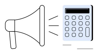 Megaphone emitting sound waves towards a calculator, combining finance and communication themes. Ideal for budgeting, cost analysis, marketing strategy, financial planning, advertising