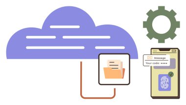 Cloud icon connecting to document folder and smartphone with fingerprint authentication and message code verification. Ideal for data security, cloud storage, authentication, technology