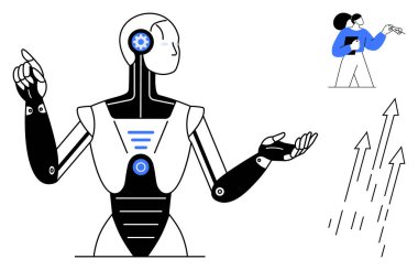 Humanoid robot gestures towards upward arrows and a person holding a tablet. Ideal for AI, robotics, innovation, teamwork, technology, growth, and futuristic concepts. Minimalist flat metaphor