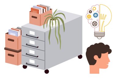 Filing cabinet with folders, boxes, plant placed on top, human profile, and bulb with gears suggesting creative ideas and innovation. Ideal for organization, productivity, creativity, innovation