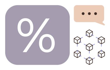 Percentage symbol on a lavender rectangle, speech bubble with dots, network of interconnected cubes. Ideal for blockchain, communication, data analytics, finance, connectivity, technology