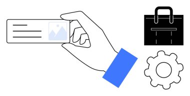 Hand holding business card symbolizes networking, briefcase embodies work, and cogwheel reflects process. Ideal for business, job search, career growth, management, professionalism, branding simple