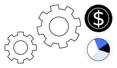 Interlocking gears, dollar sign in a circle, and pie chart representing processes, finance, and analytics. Ideal for teamwork, business, strategy, productivity growth operations simple flat