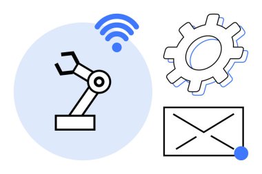 Robotic arm with wireless signal, gear, envelope symbolizes automation, technology, innovation, communication, remote operation, workflow efficiency and industry 4.0 in a simple flat metaphor