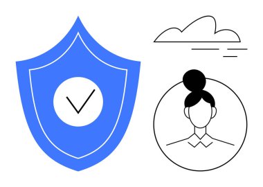 Blue shield with checkmark represents protection accompanied by cloud and female avatar for identity. Ideal for cybersecurity, data security, user privacy, trust, reliability, technology, simple flat