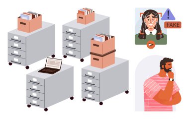 Filing cabinets with documents, laptop, man contemplating fake image warning. Ideal for data organization, critical thinking, fake news, information management, digital literacy, decision-making